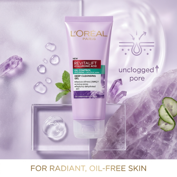 L'Oreal Paris Revitalift Hyaluronic Acid Oil Control Deep Cleansing Gel, Hyaluronic & Salicylic Acid, For Oily Skin, 100ml